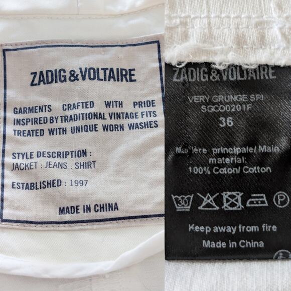 Zadig & Voltaire Very Grunge White Open Casual Cotton Utility Jacket FR36 Small - Picture 6 of 11
